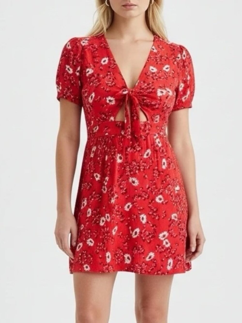 Free People Jinx Tie Front Romper Dress Red Floral XS